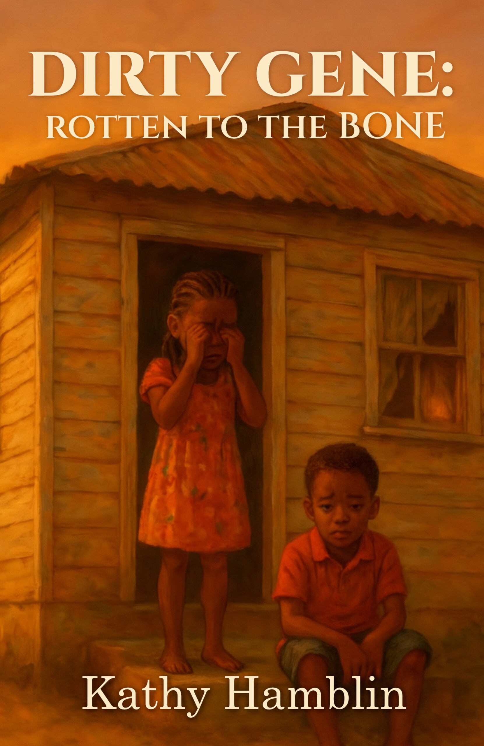 Two small children, standing at the front of a derelict chattel house, crying